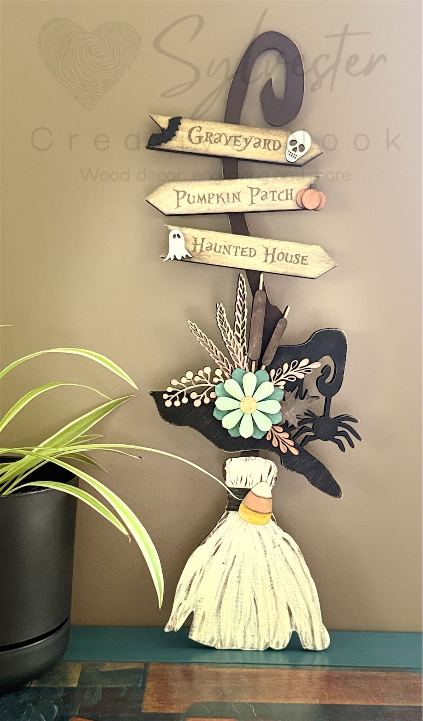 Leaning Halloween Witch Broom Sign