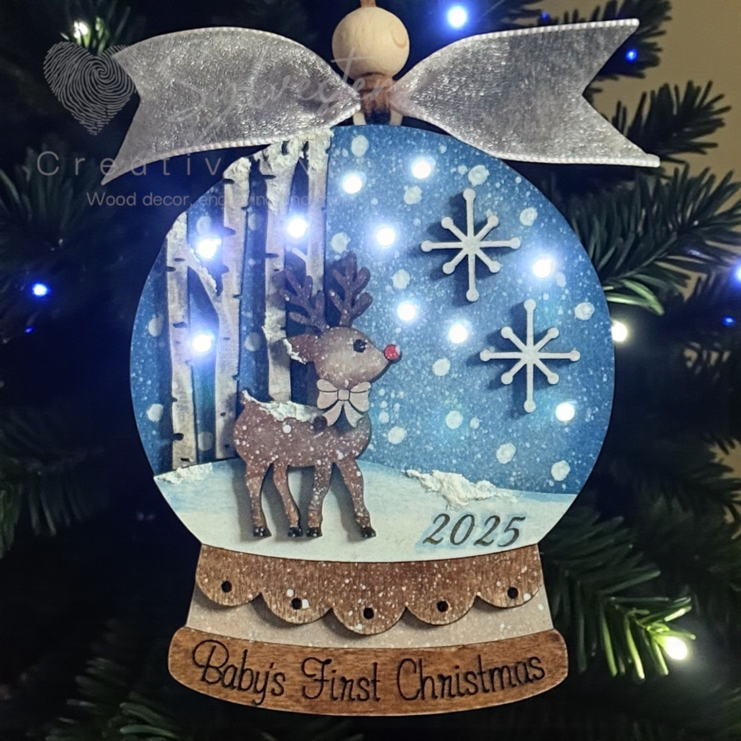 Baby’s First Christmas lighted ornament Pink or Blue Ribbon