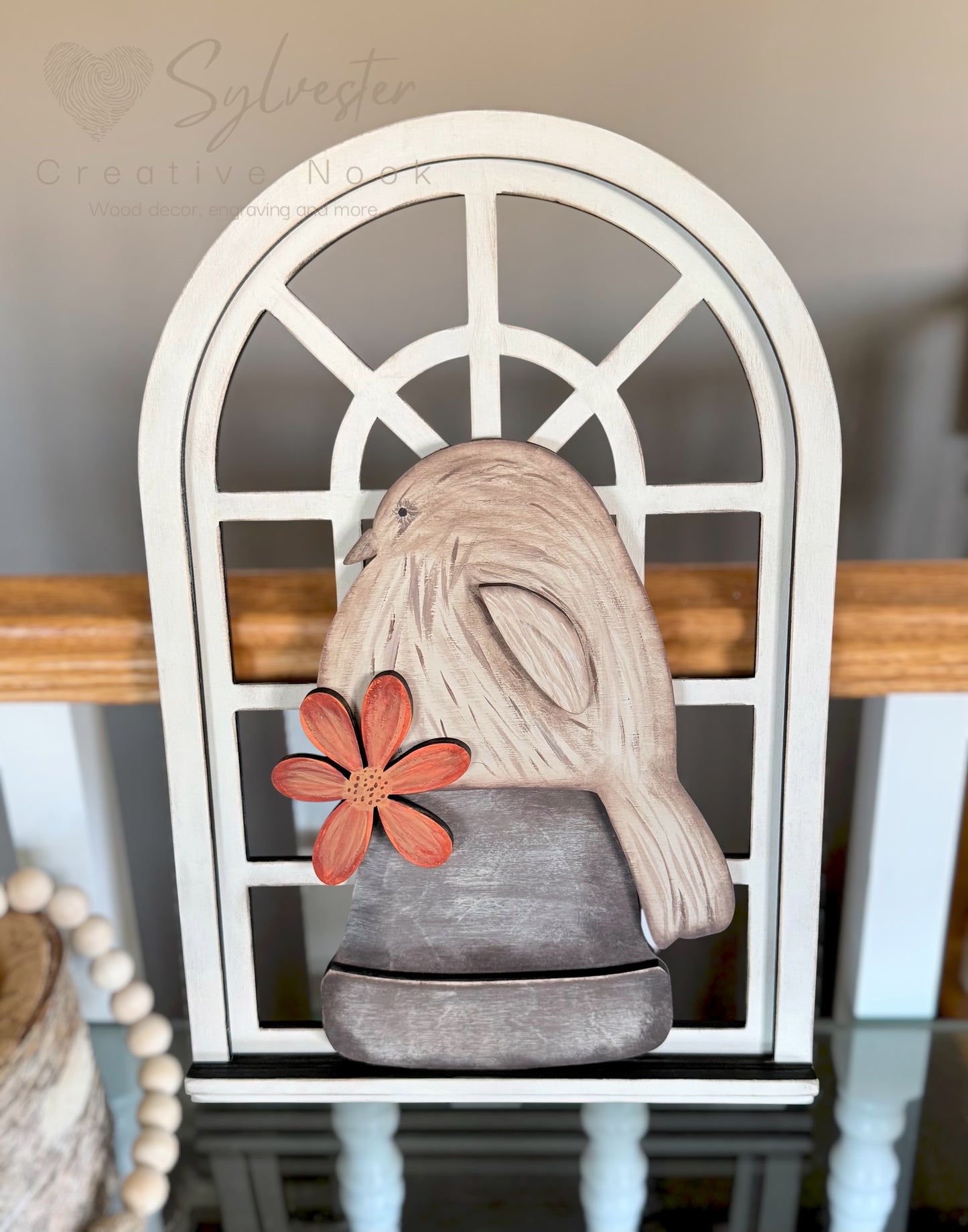 Hand Painted, Bird On a Pot Arch Window Shelf Leaner