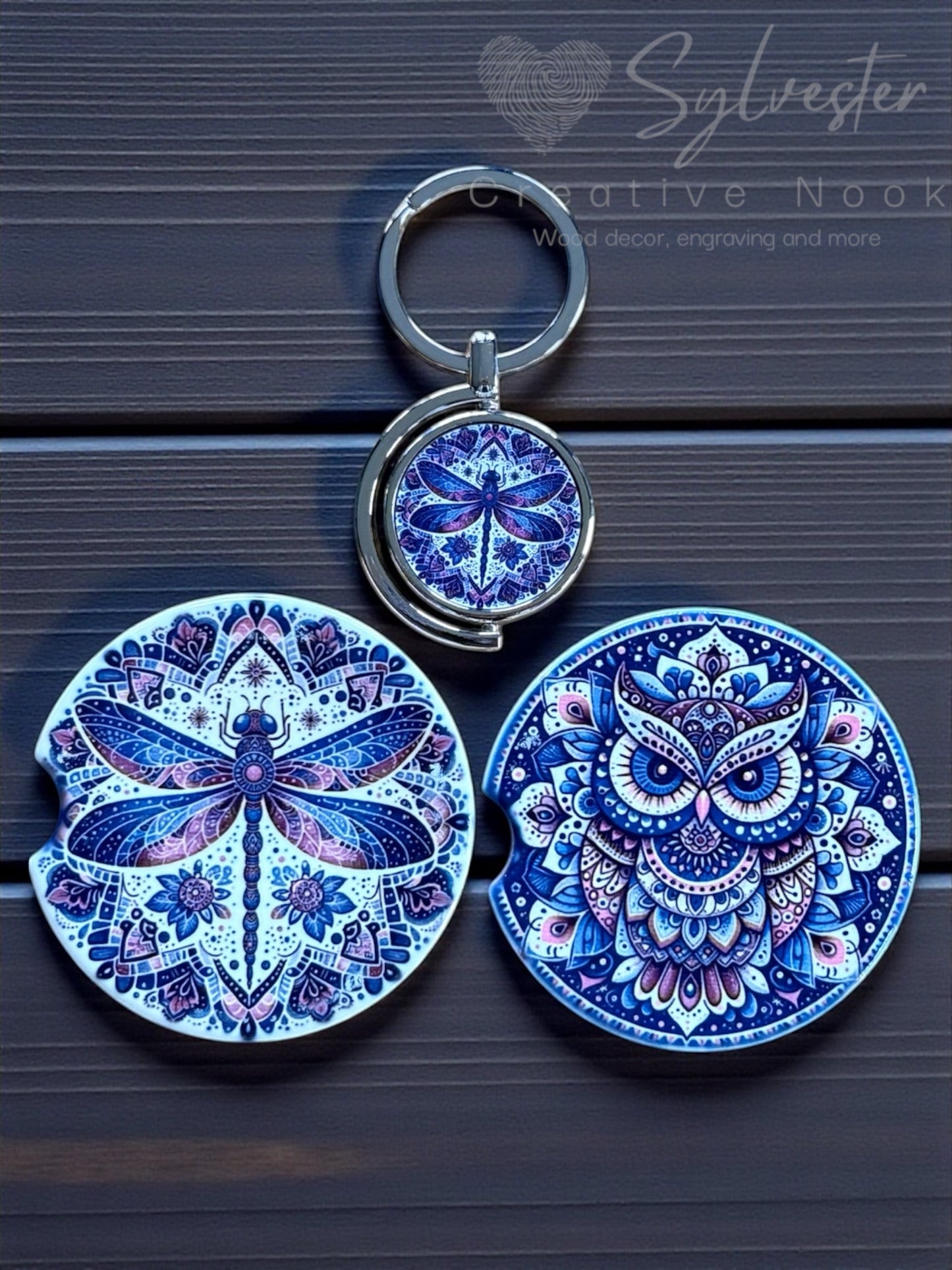 Dragonfly / owl Ceramic Car Coaster Set With Double Sided Swivel Keychain