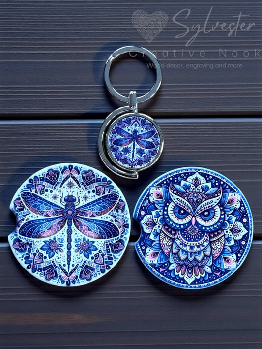 Dragonfly / owl Ceramic Car Coaster Set With Double Sided Swivel Keychain