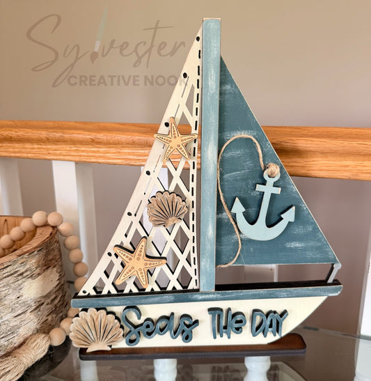 Seas The Day Sail Boat Shelf Sitter