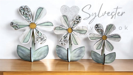 Hand painted flower shelf sitter trio