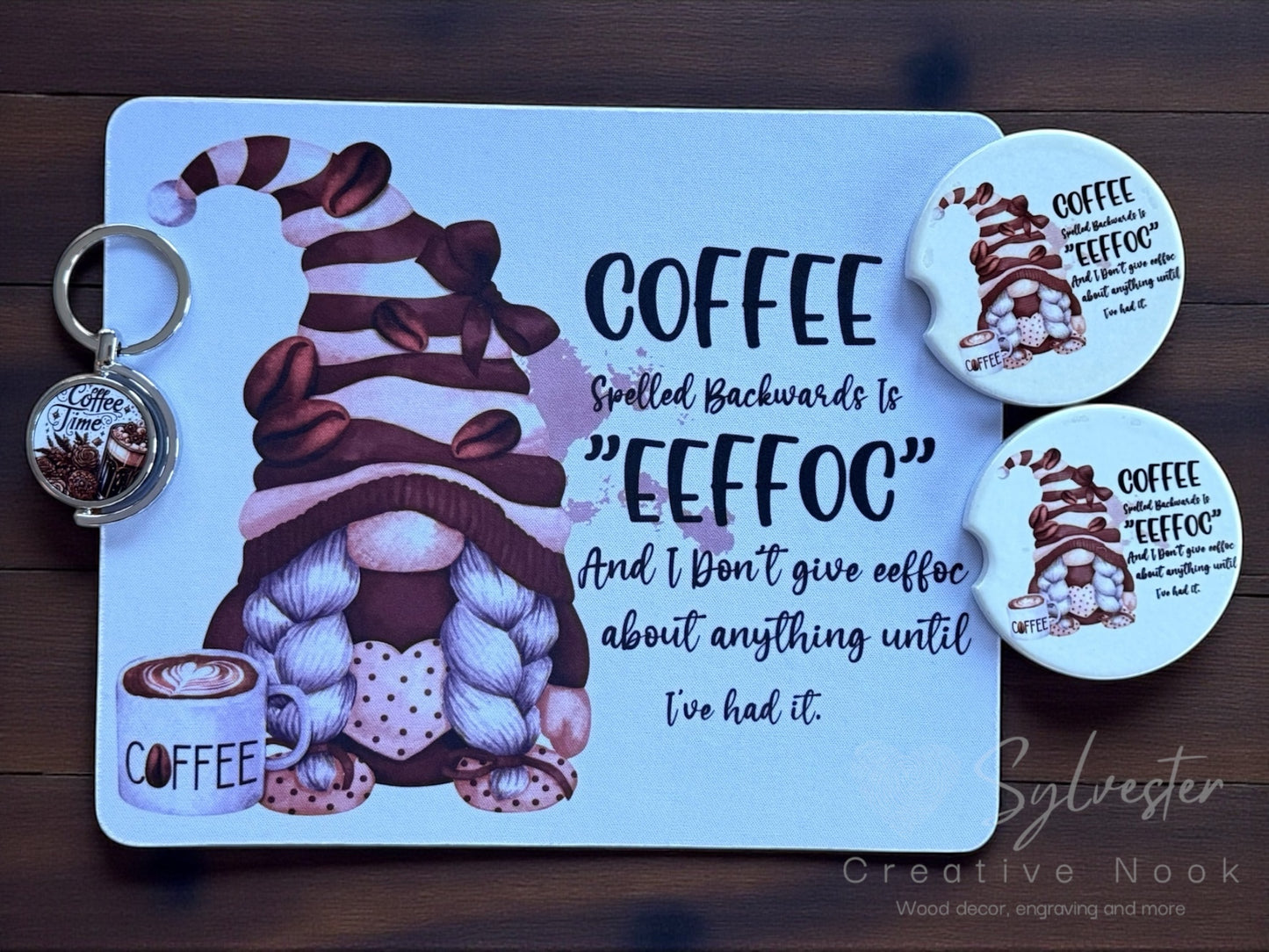 Mouse pad car coaster and keychain bundle