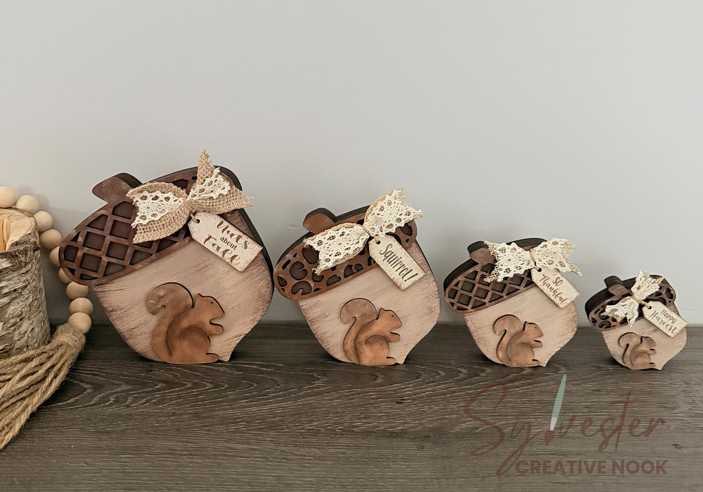 Hand Painted Acorn Squirrel Shelf Sitter Set