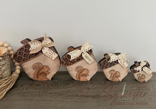 Hand Painted Acorn Squirrel Shelf Sitter Set/ Nova Scotia Made