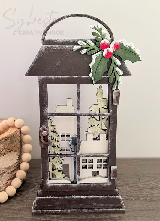 Rustic Lantern With Winter Scene Self Sitter/Nova Scotia Made/ Nova Scotia Hand Painted