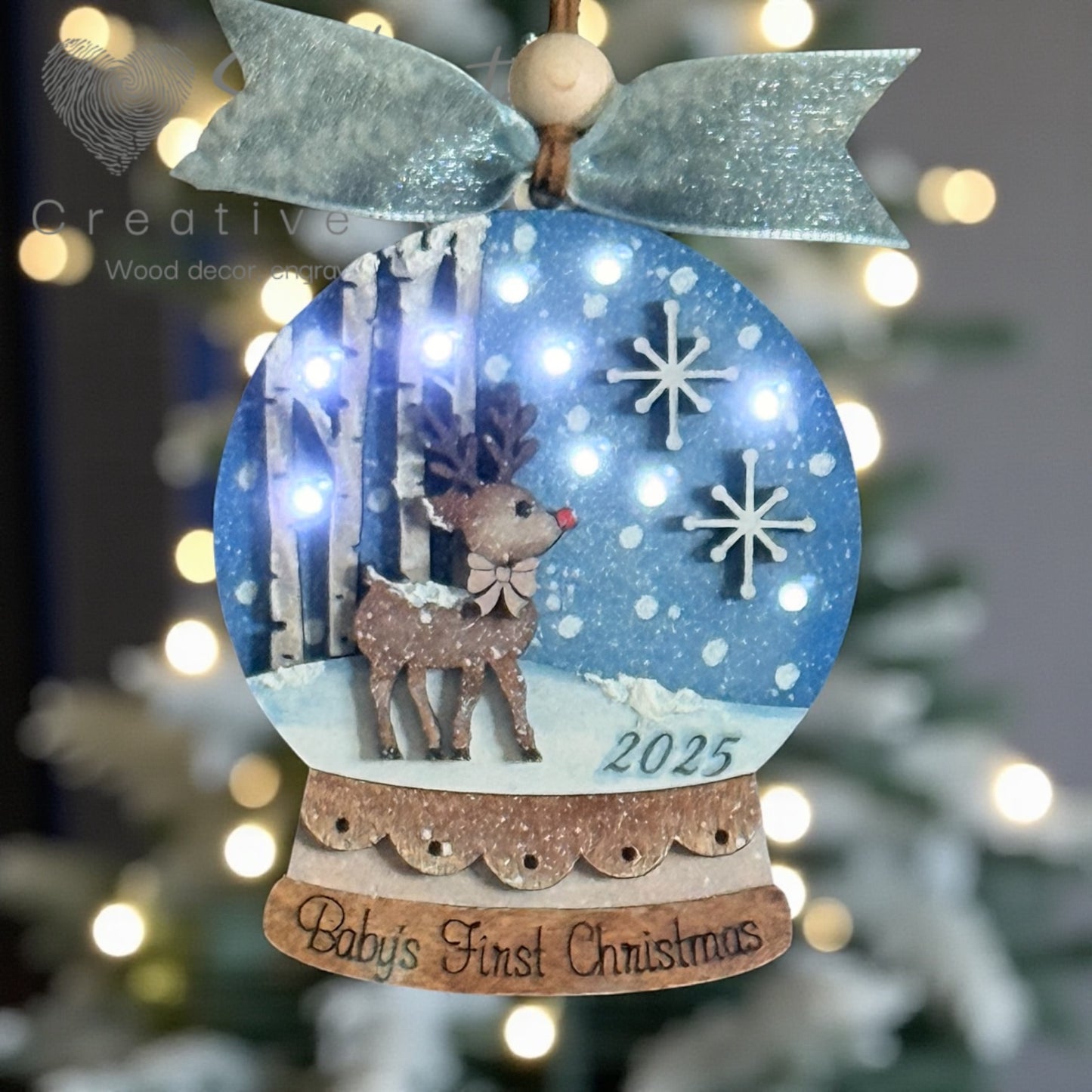 Baby’s First Christmas lighted ornament Pink or Blue Ribbon