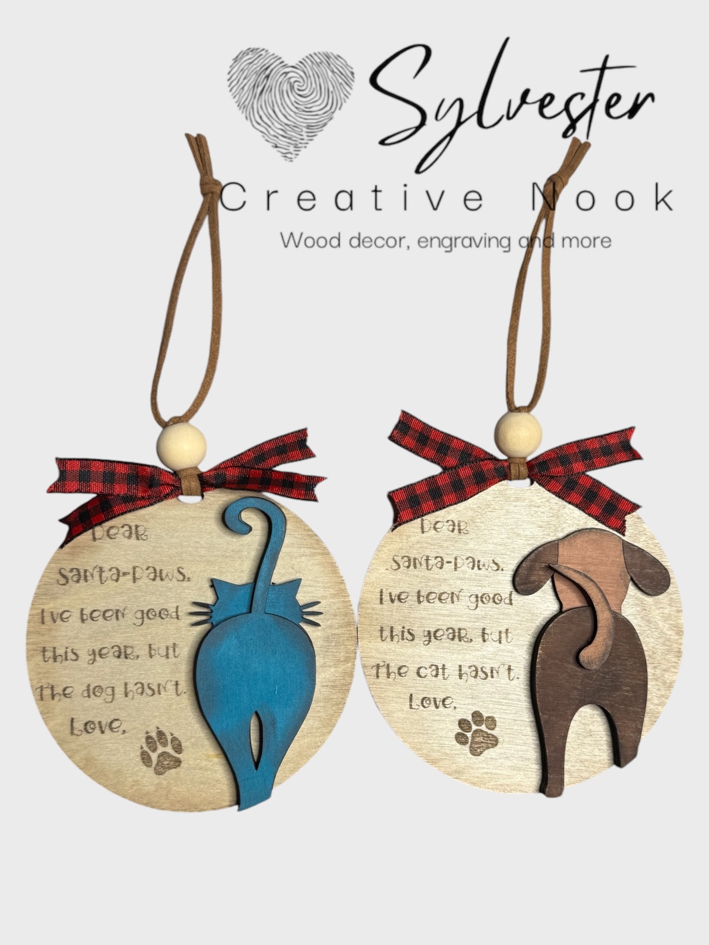 The Cat Did It, The Dog Did It Ornament Pair