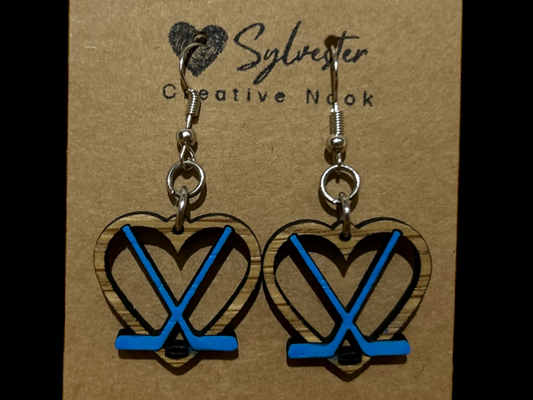 Hockey Stick and Puck Wood Earrings
